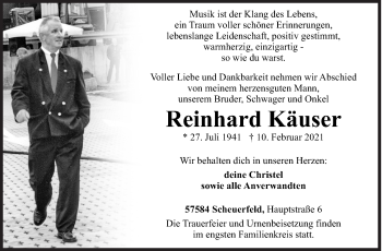 Traueranzeige von Reinhard Käuser von Siegener Zeitung