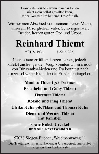 Traueranzeige von Reinhard Thiemt von Siegener Zeitung