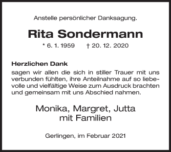 Traueranzeige von Rita Sondermann von Siegener Zeitung