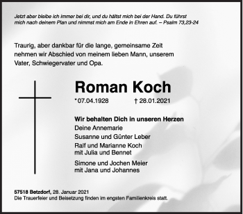 Traueranzeige von Roman Koch von Siegener Zeitung