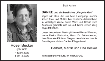 Traueranzeige von Rosel Becker von Siegener Zeitung
