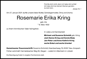 Traueranzeige von Rosemarie Erika Kring von Siegener Zeitung