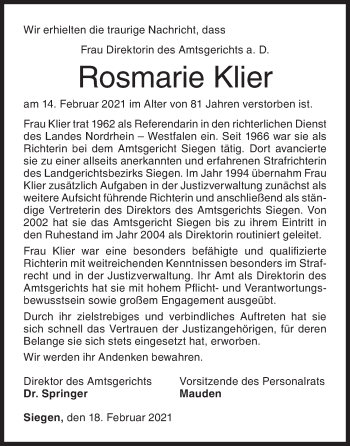 Traueranzeige von Rosmarie Klier von Siegener Zeitung