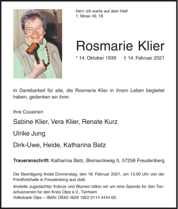 Traueranzeige von Rosmarie Klier von Siegener Zeitung