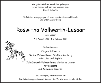 Traueranzeige von Roswitha Vollwerth-Lesaar von Siegener Zeitung