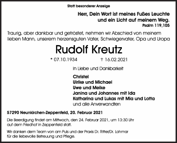 Traueranzeige von Rudolf Kreutz von Siegener Zeitung