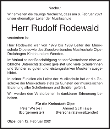 Traueranzeige von Rudolf Rodewald von Siegener Zeitung