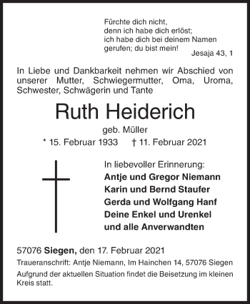 Traueranzeige von Ruth Heiderich von Siegener Zeitung