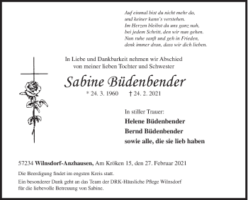 Traueranzeige von Sabine Büdenbender von Siegener Zeitung