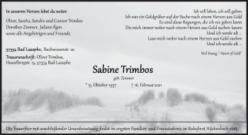 Traueranzeige von Sabine Trimbos von Siegener Zeitung