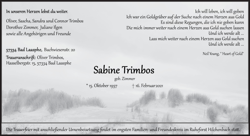  Traueranzeige für Sabine Trimbos vom 27.02.2021 aus Siegener Zeitung