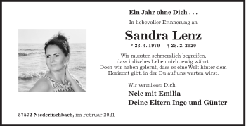 Traueranzeige von Sandra Lenz von Siegener Zeitung
