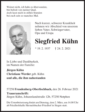 Traueranzeige von Siegfried Kühn von Siegener Zeitung