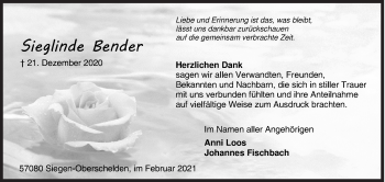 Traueranzeige von Sieglinde Bender von Siegener Zeitung