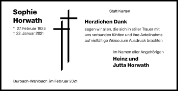 Traueranzeige von Sophie Horwath von Siegener Zeitung