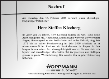 Traueranzeige von Steffen Kleeberg von Siegener Zeitung