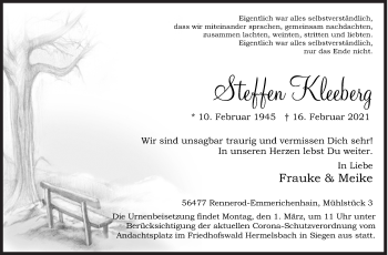 Traueranzeige von Steffen Kleeberg von Siegener Zeitung