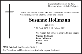 Traueranzeige von Susanne Hollmann von Siegener Zeitung