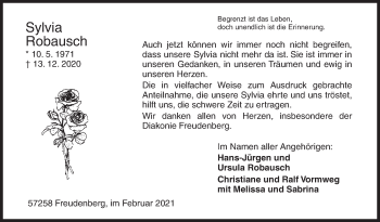Traueranzeige von Sylvia Robausch von Siegener Zeitung
