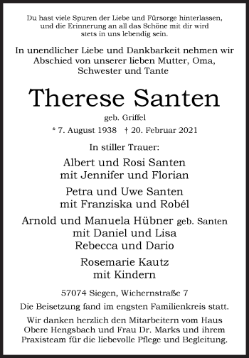 Traueranzeige von Therese Santen von Siegener Zeitung