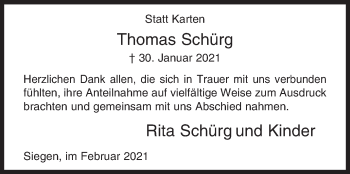 Traueranzeige von Thomas Schürg von Siegener Zeitung