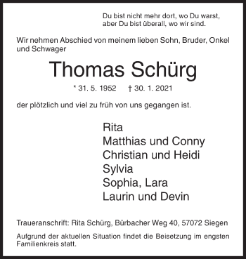 Traueranzeige von Thomas Schürg von Siegener Zeitung