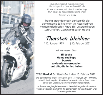 Traueranzeige von Thorsten Weidner von Siegener Zeitung