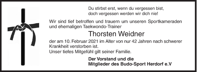  Traueranzeige für Thorsten Weidner vom 20.02.2021 aus Siegener Zeitung