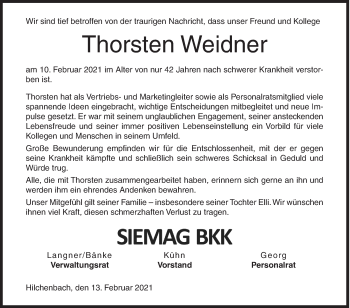 Traueranzeige von Thorsten Weidner von Siegener Zeitung