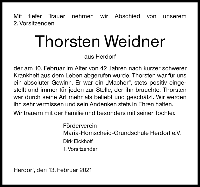  Traueranzeige für Thorsten Weidner vom 13.02.2021 aus Siegener Zeitung