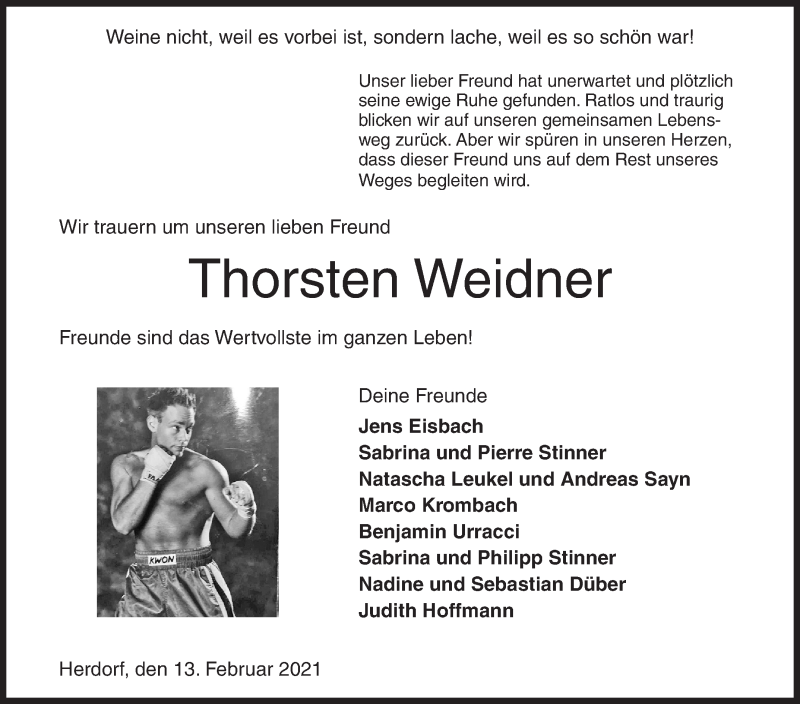  Traueranzeige für Thorsten Weidner vom 13.02.2021 aus Siegener Zeitung