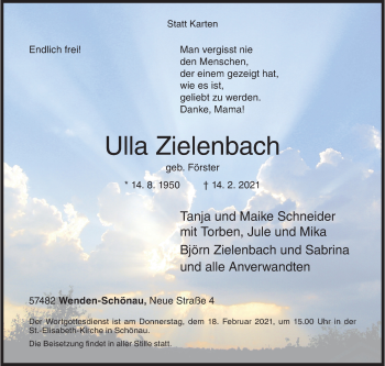 Traueranzeige von Ulla Zielenbach von Siegener Zeitung