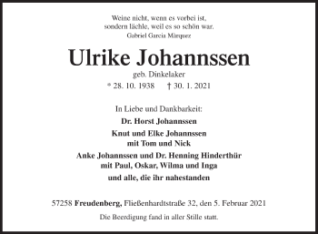 Traueranzeige von Ulrike Johannssen von Siegener Zeitung