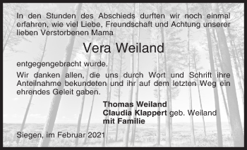 Traueranzeige von Vera Weiland von Siegener Zeitung