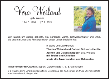Traueranzeige von Vera Weiland von Siegener Zeitung