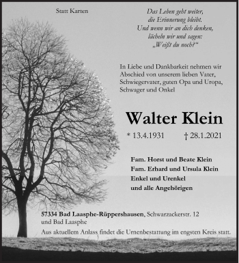 Traueranzeige von Walter Klein von Siegener Zeitung