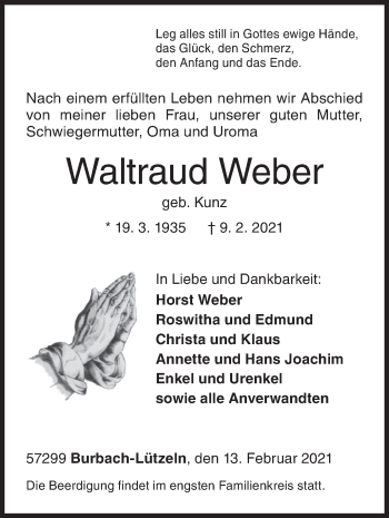Traueranzeige von Waltraud Weber von Siegener Zeitung