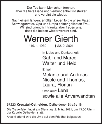 Traueranzeige von Werner Gierth von Siegener Zeitung