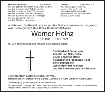 Traueranzeige von Werner Heinz von Siegener Zeitung