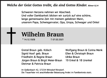 Traueranzeige von Wilhelm Braun von Siegener Zeitung