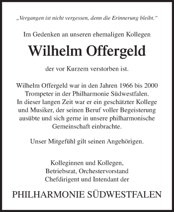 Traueranzeige von Wilhelm Offergeld von Siegener Zeitung