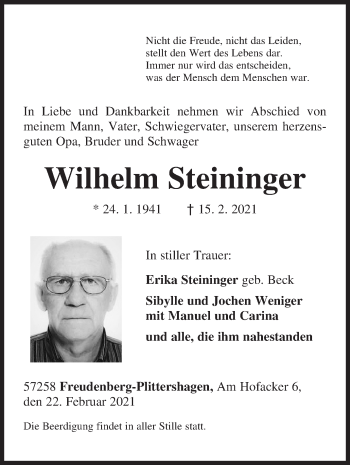 Traueranzeige von Wilhelm Steininger von Siegener Zeitung