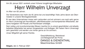 Traueranzeige von Wilhelm  Unverzagt von Siegener Zeitung