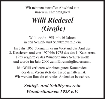 Traueranzeige von Willi Riedesel von Siegener Zeitung