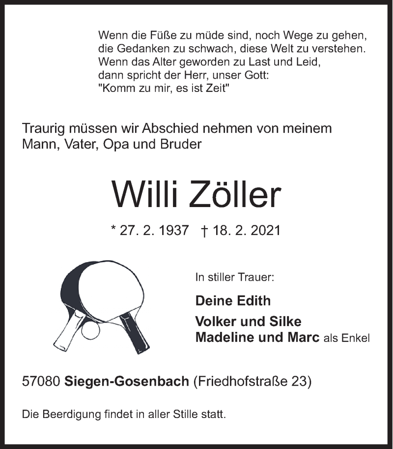  Traueranzeige für Willi Zöller vom 20.02.2021 aus Siegener Zeitung
