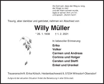 Traueranzeige von Willy Müller von Siegener Zeitung
