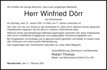 Traueranzeige von Winfried Dörr von Siegener Zeitung