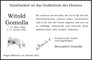 Traueranzeige von Witold Gomolla von Siegener Zeitung