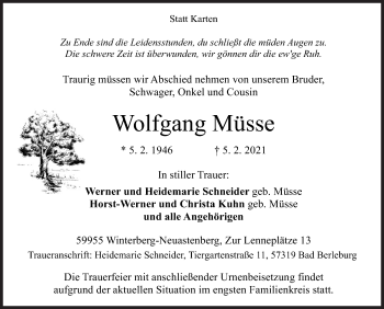 Traueranzeige von Wolfgang Müsse von Siegener Zeitung
