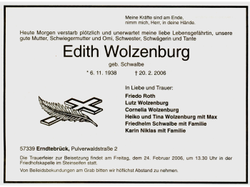 Traueranzeige von Edith Wolzenburg 